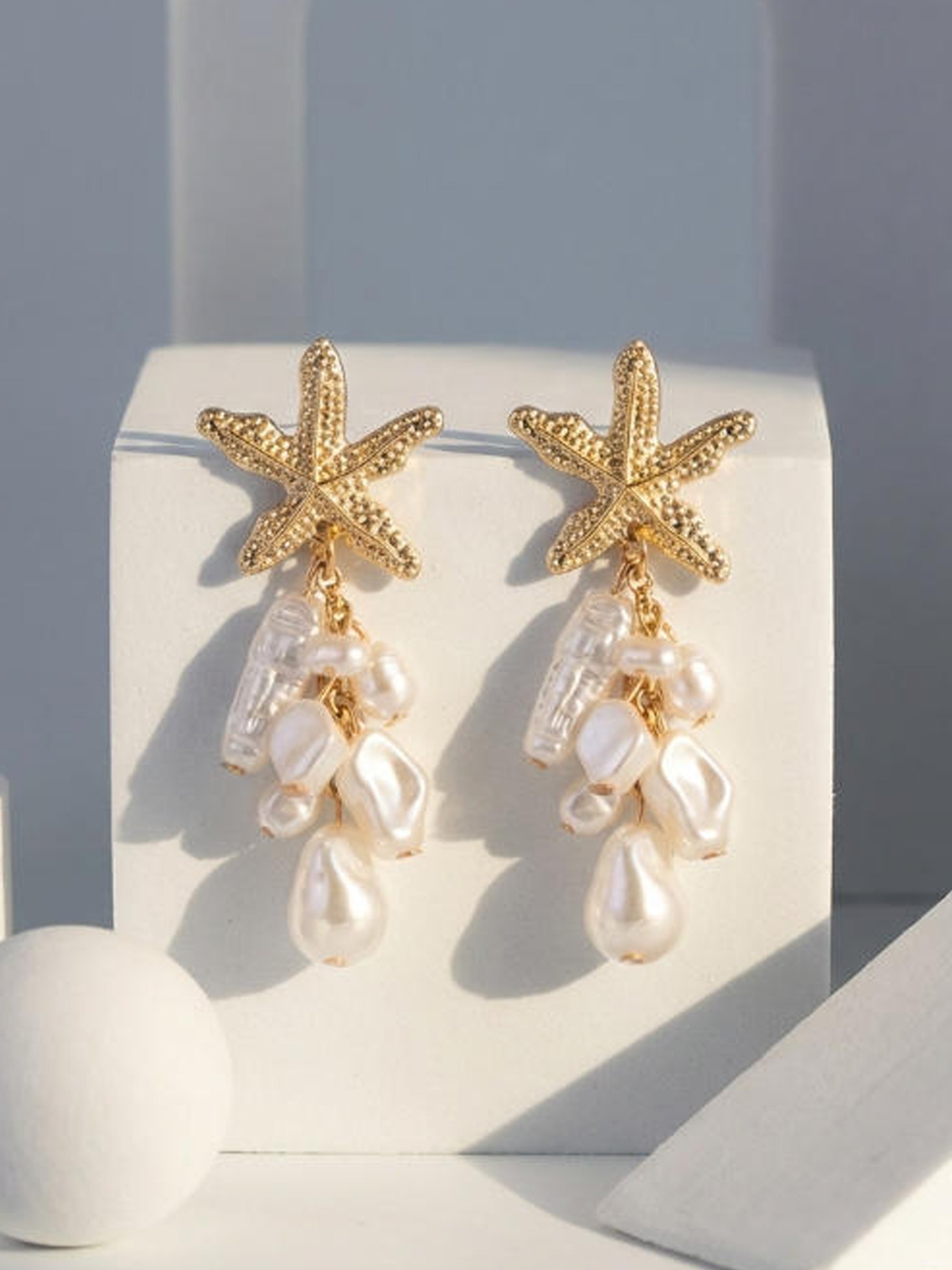 Gold Starfish Pearl Dangle Earrings
