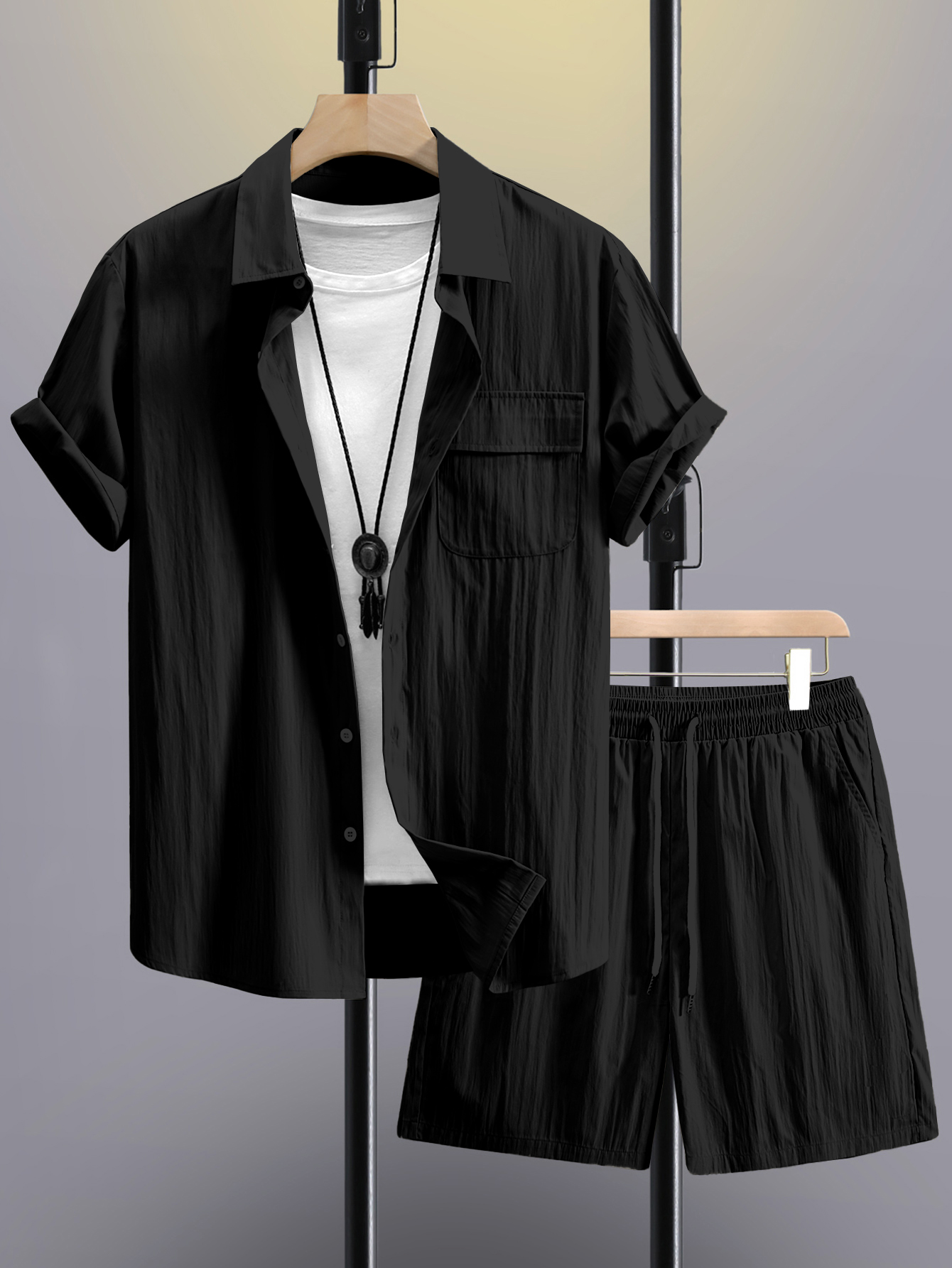 Men Plus Size Textured Casual Shirt and Shorts Co-ord Set