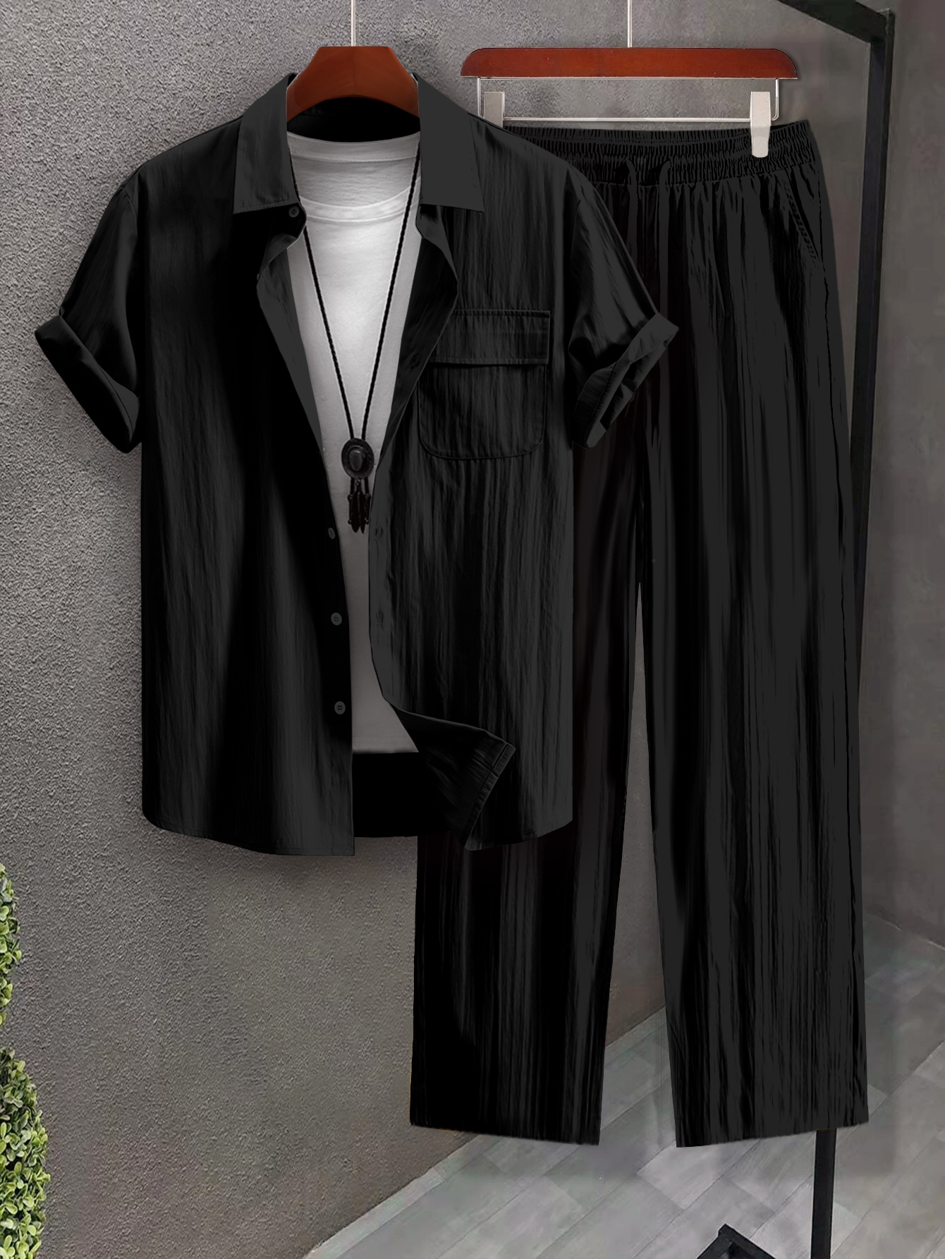Men Plus Size Textured Shirt and Pants Co-ord Set