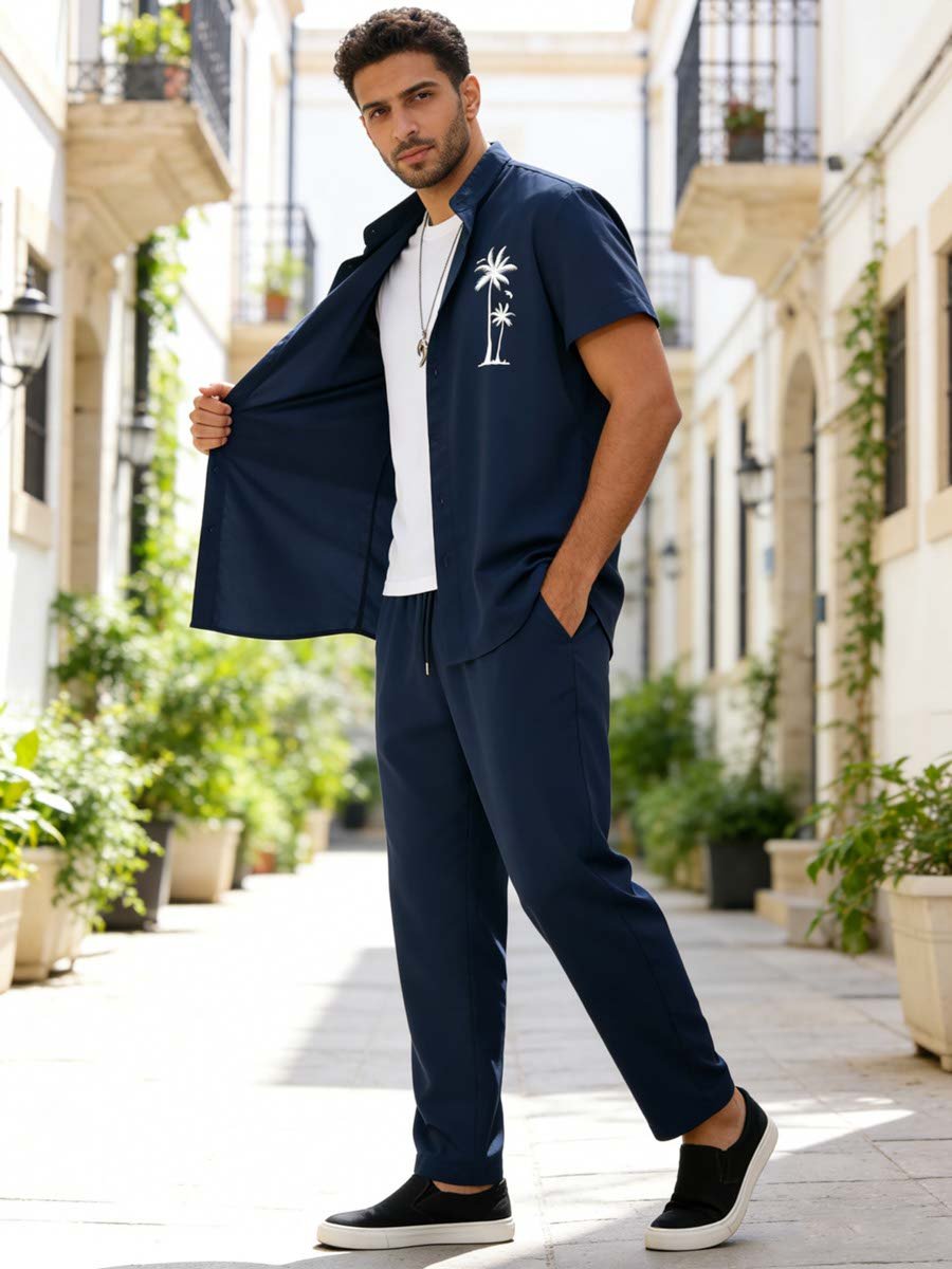 Navy Blue Palm Tree Print Shirt and Trousers Co-Ord Set