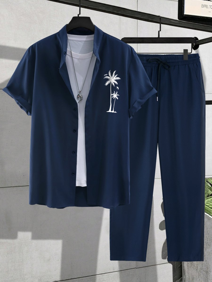 Navy Blue Palm Tree Print Shirt and Trousers Co-Ord Set