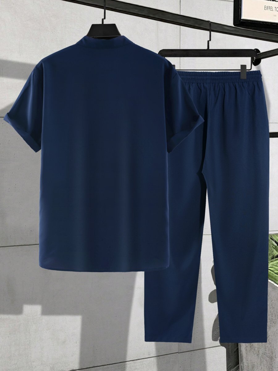 Navy Blue Palm Tree Print Shirt and Trousers Co-Ord Set