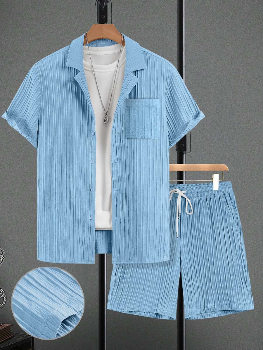 Blue Textured Pocket Detail Shirt and Shorts Co-Ord Set