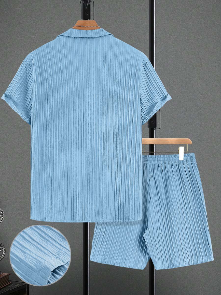Blue Textured Pocket Detail Shirt and Shorts Co-Ord Set