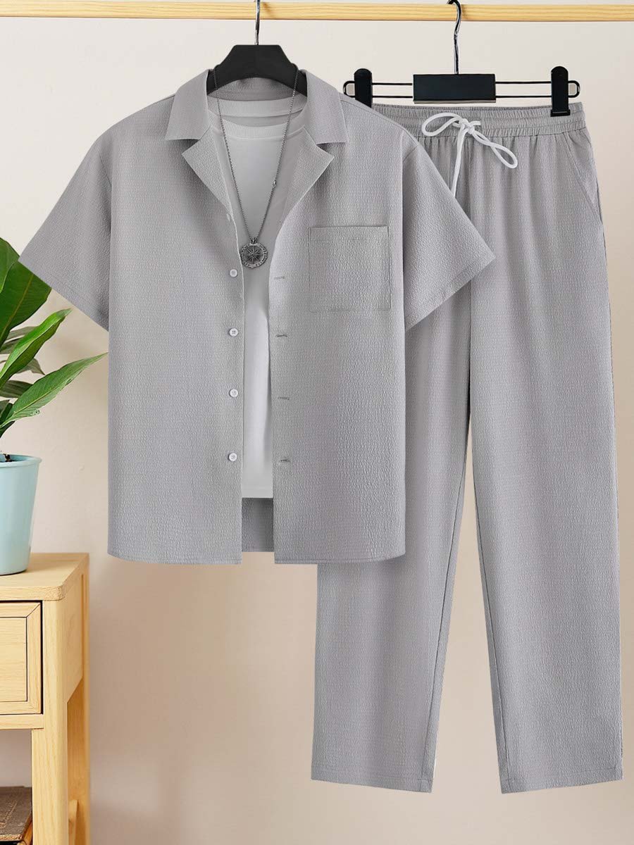 Grey Solid Pocket Detail Shirt and Trousers Co-Ord Set