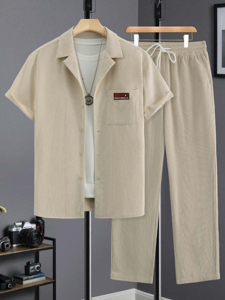 Beige Patchwork Knit Shirt and Trousers Co-Ord Set