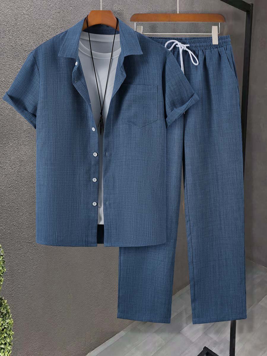 Blue Solid Pocket Detail Shirt and Trousers Co-Ord Set