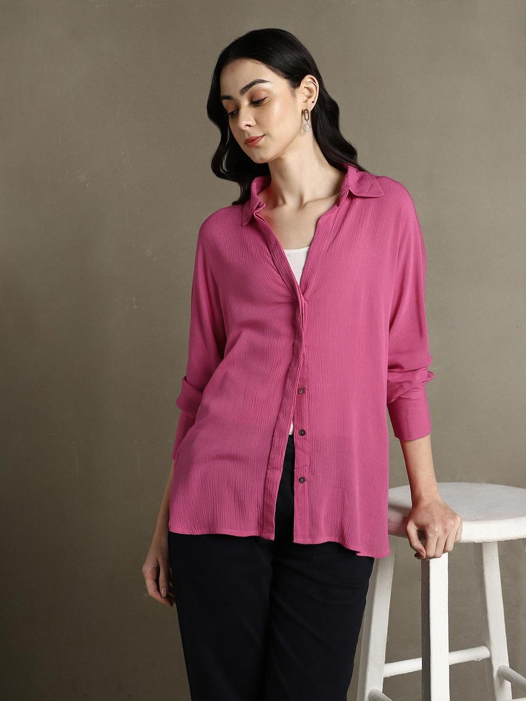 Pink 100% Rayon Solid Oversized Shirt