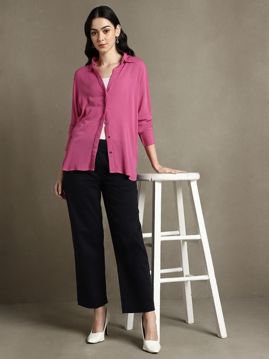 Pink 100% Rayon Solid Oversized Shirt