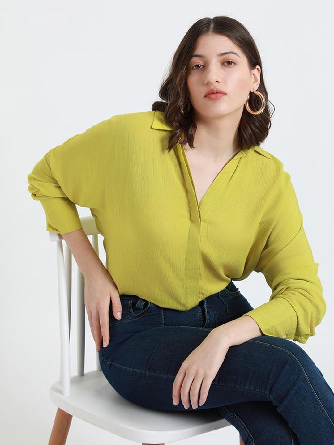 Lime Green Viscose Crepe Solid Relaxed Shirt