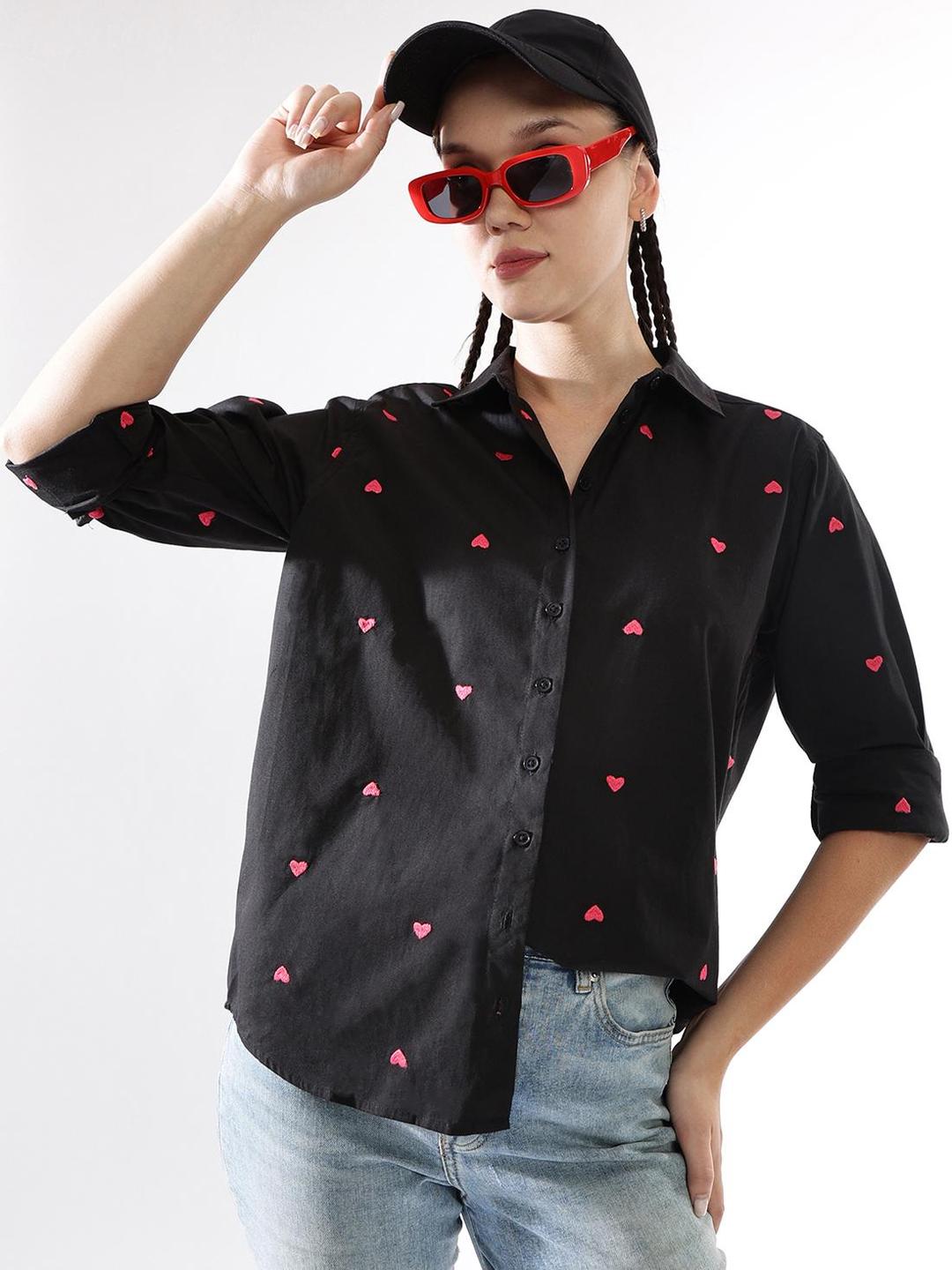 Black Oversized Heart Embroidered Casual Shirt