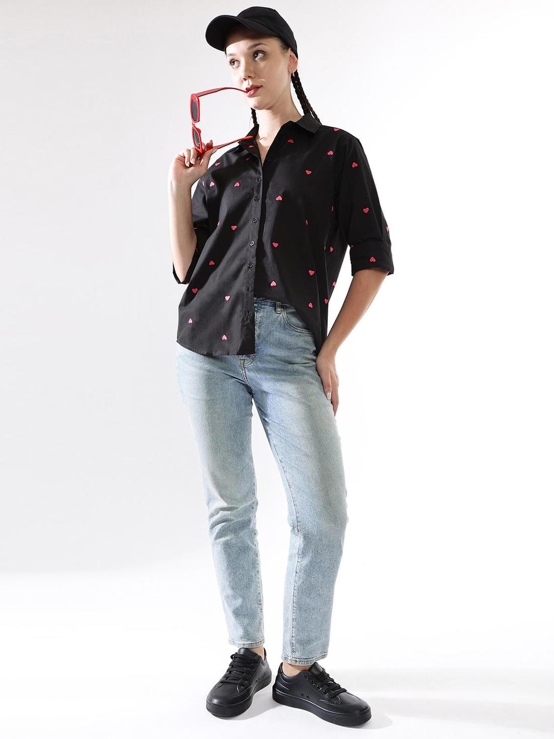 Black Oversized Heart Embroidered Casual Shirt