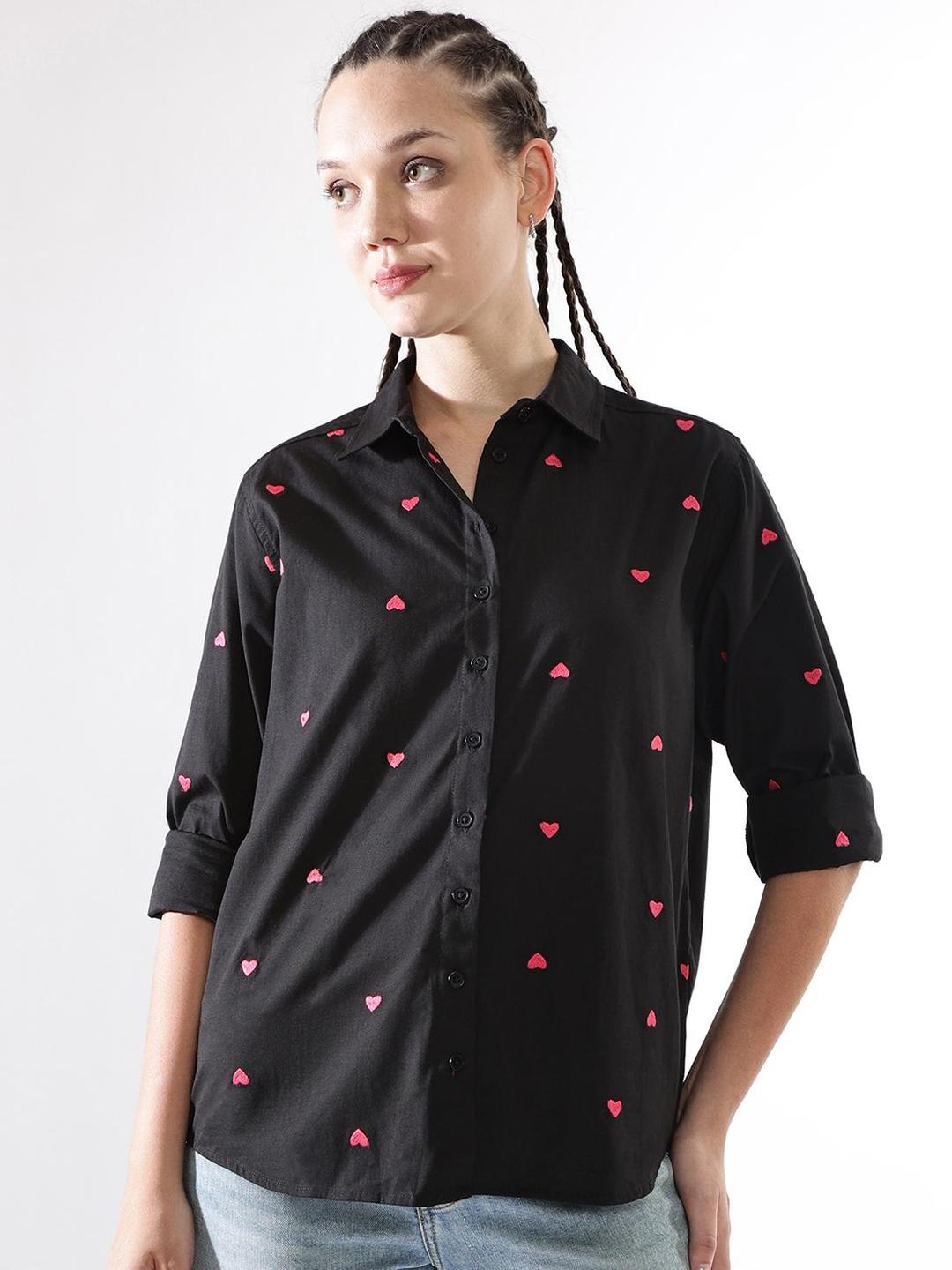 Black Oversized Heart Embroidered Casual Shirt