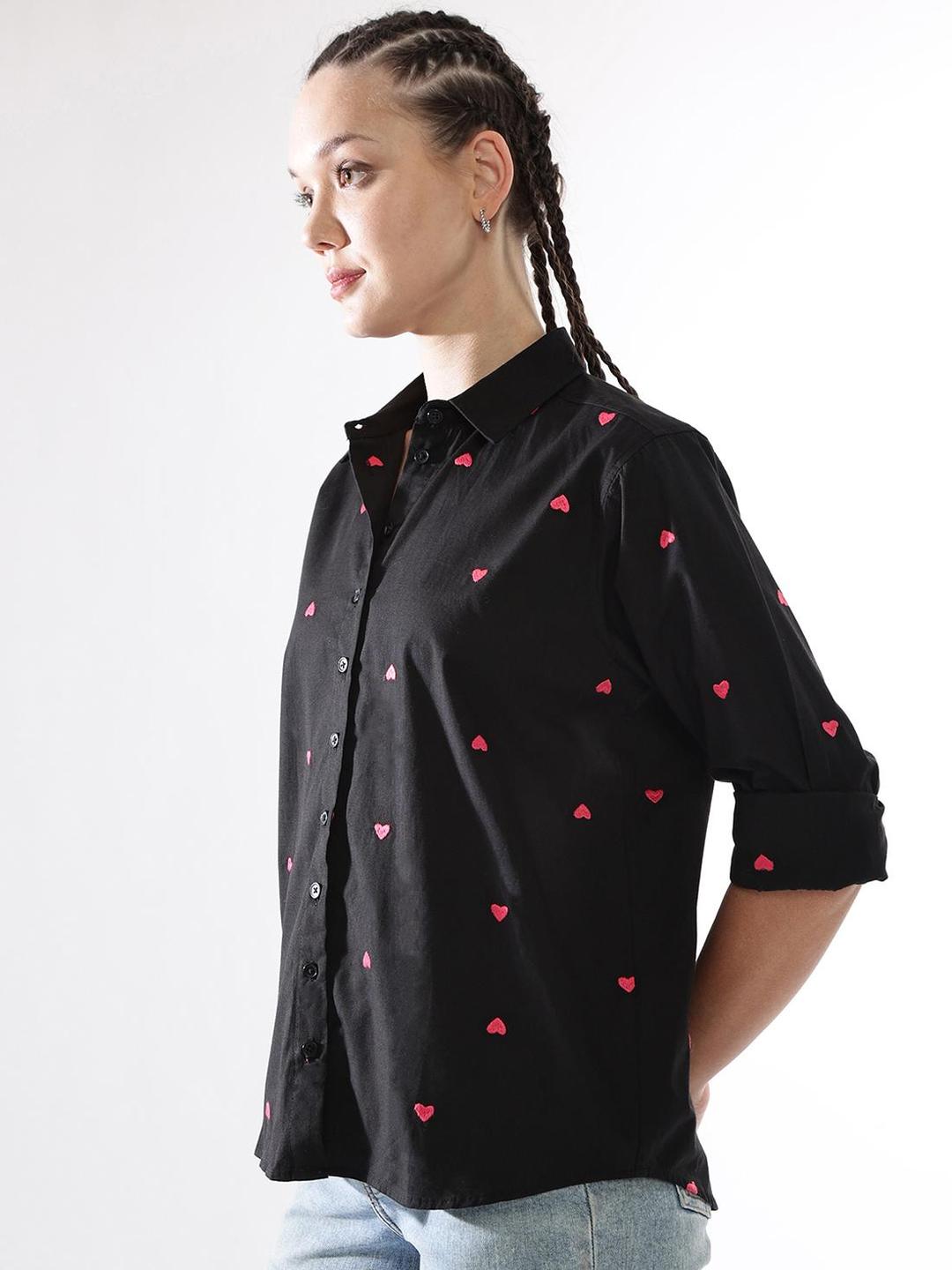 Black Oversized Heart Embroidered Casual Shirt