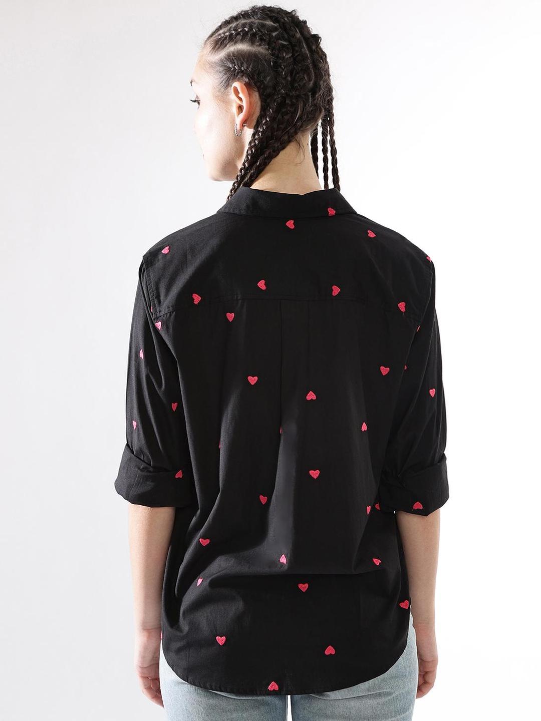 Black Oversized Heart Embroidered Casual Shirt