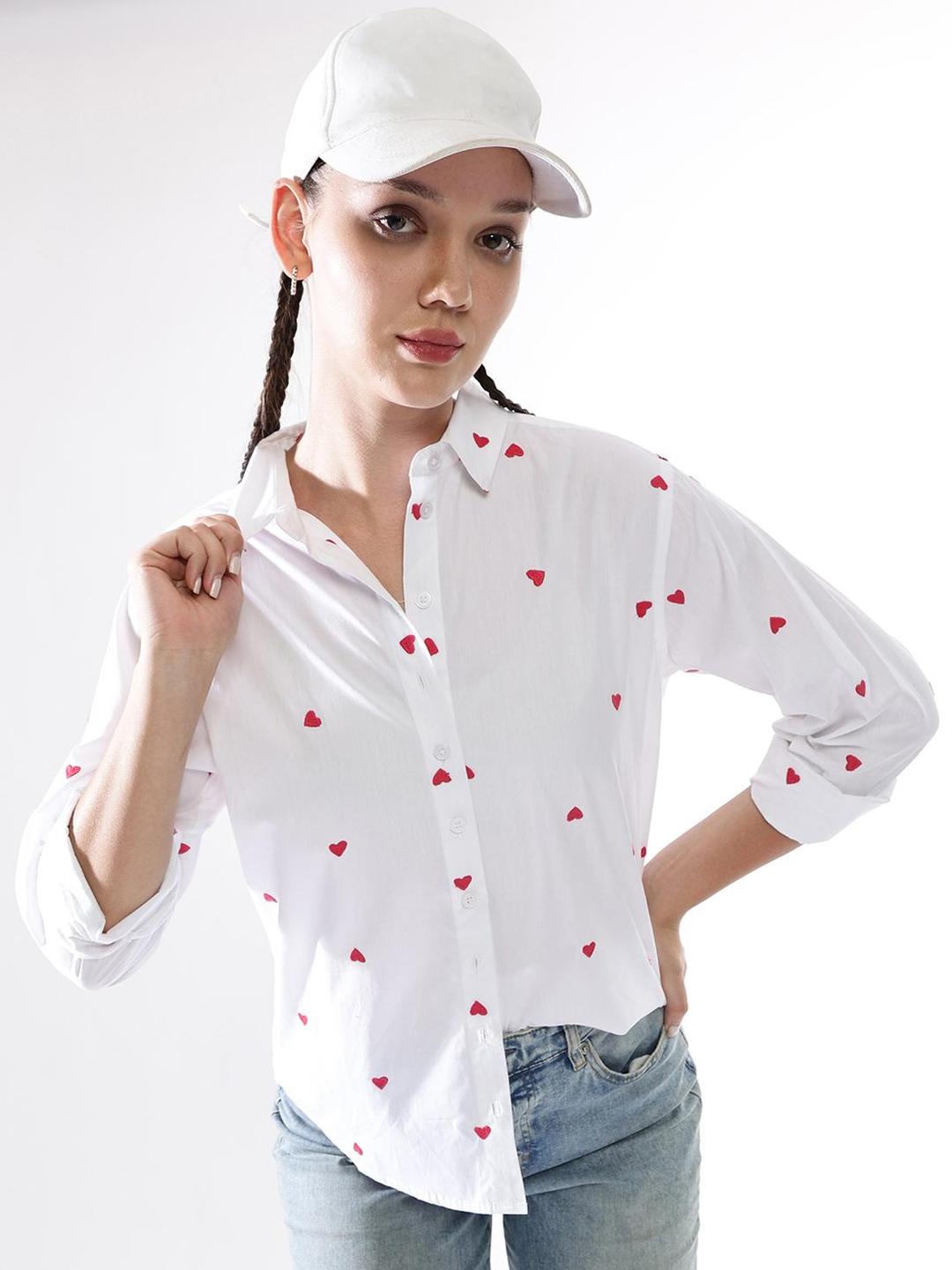 White Oversized Heart Embroidered Casual Shirt