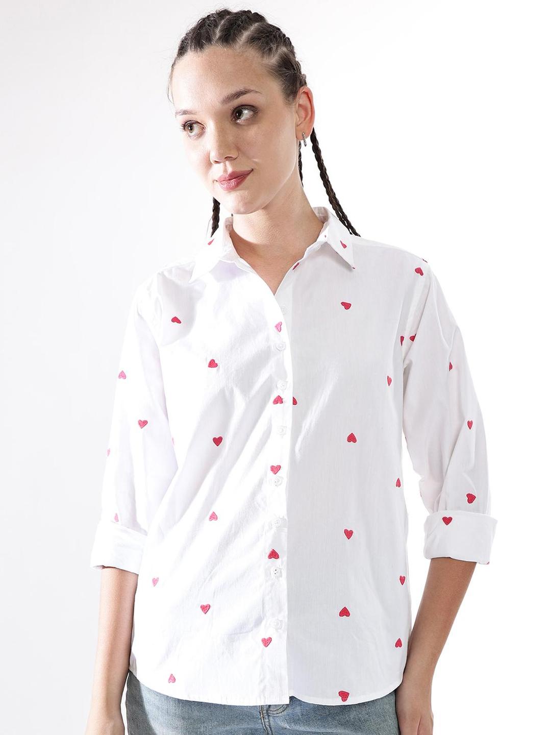 White Oversized Heart Embroidered Casual Shirt