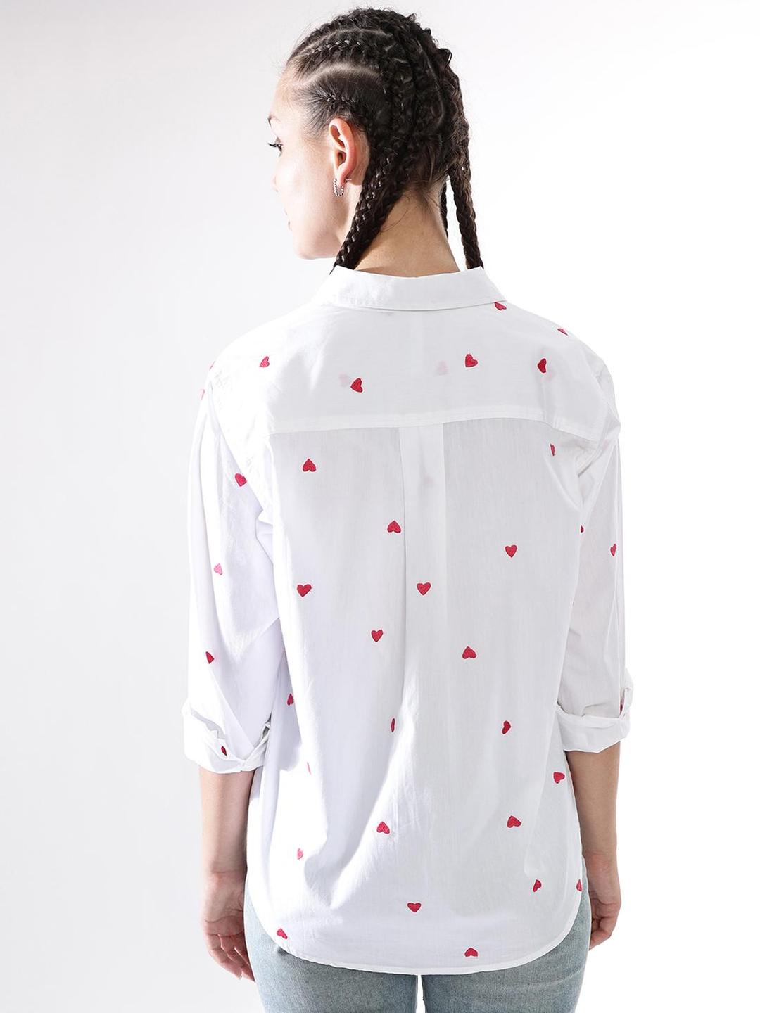 White Oversized Heart Embroidered Casual Shirt