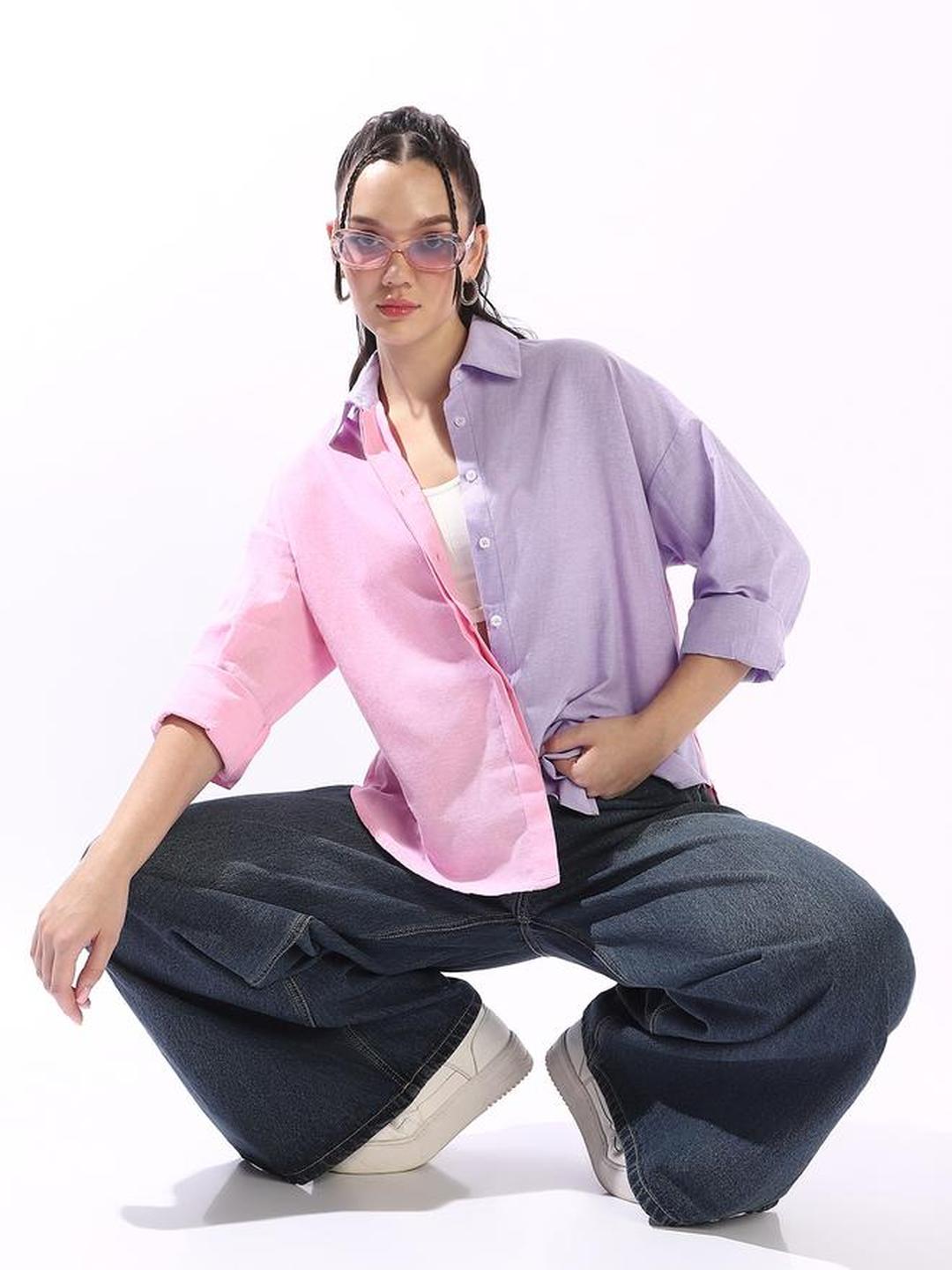 100% Cotton Color Block Oversized Shirt