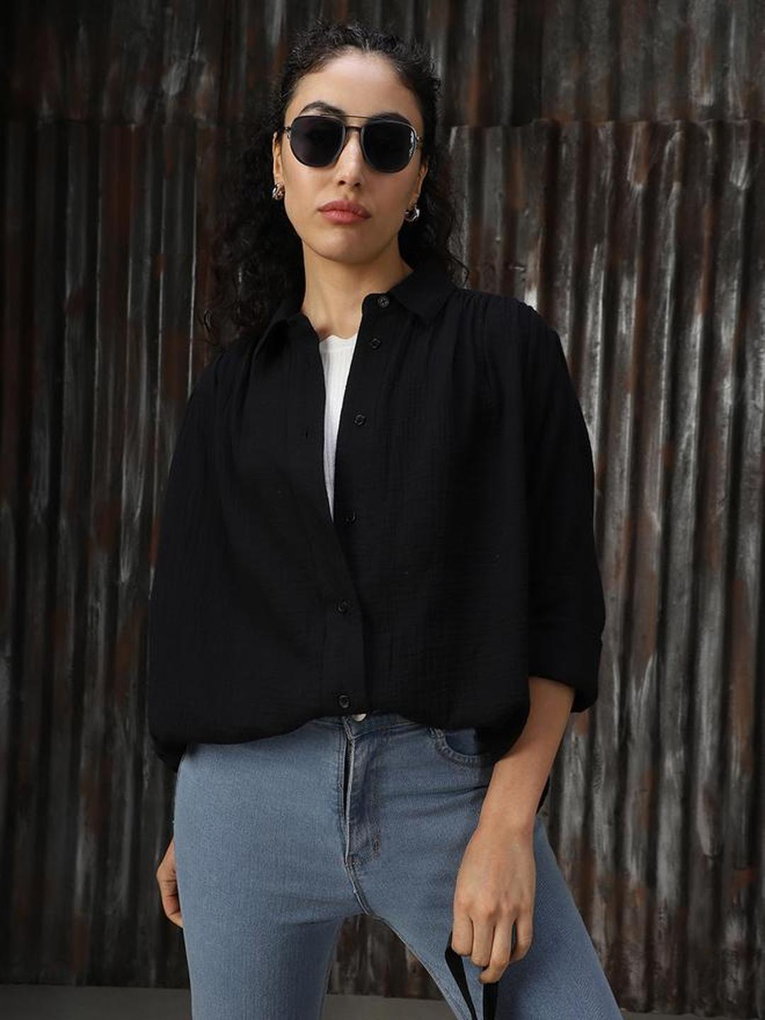 Black Oversized Solid Cotton Casual Shirt