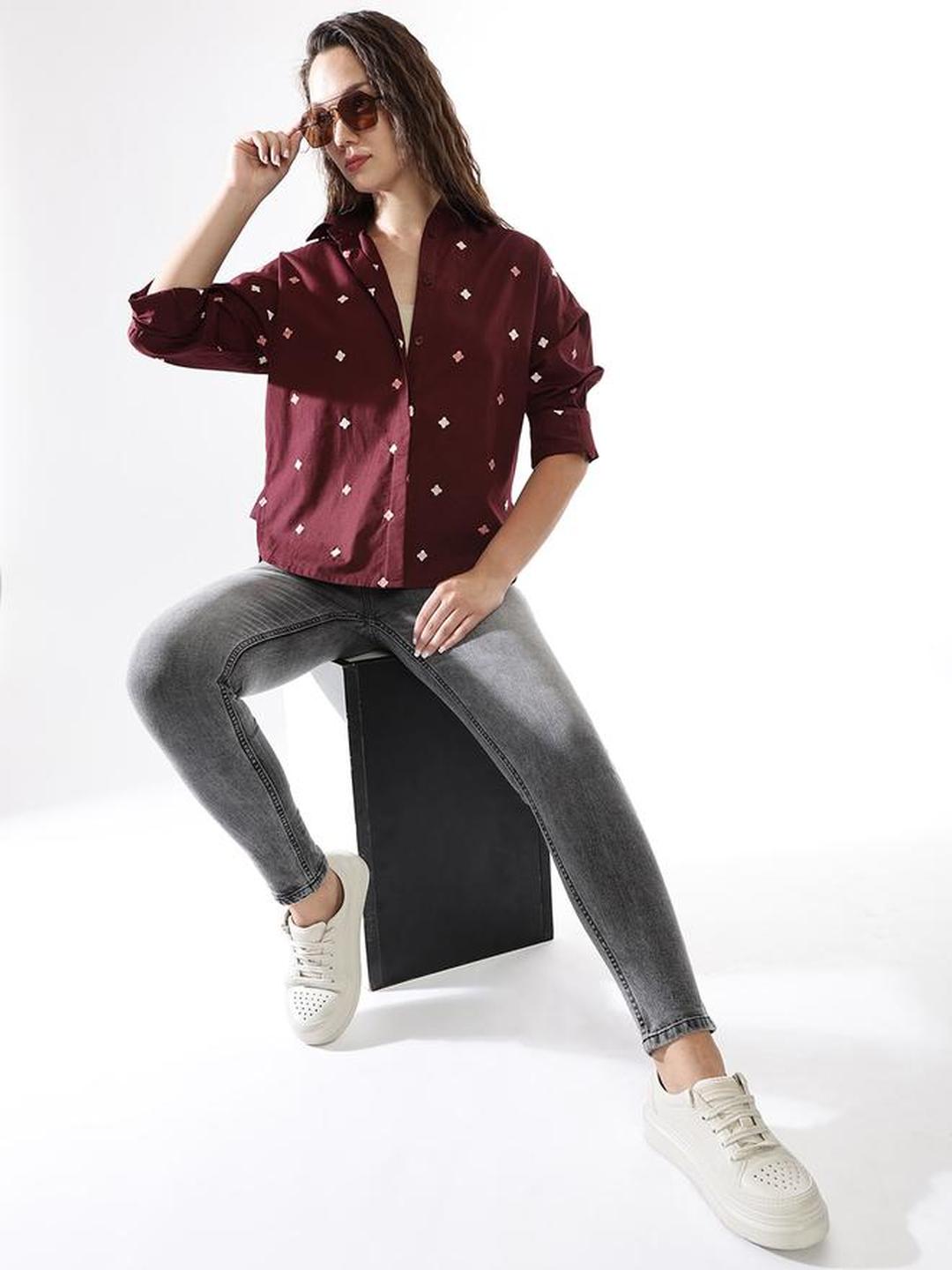 Wine Poplin Embroidered Oversized Shirt