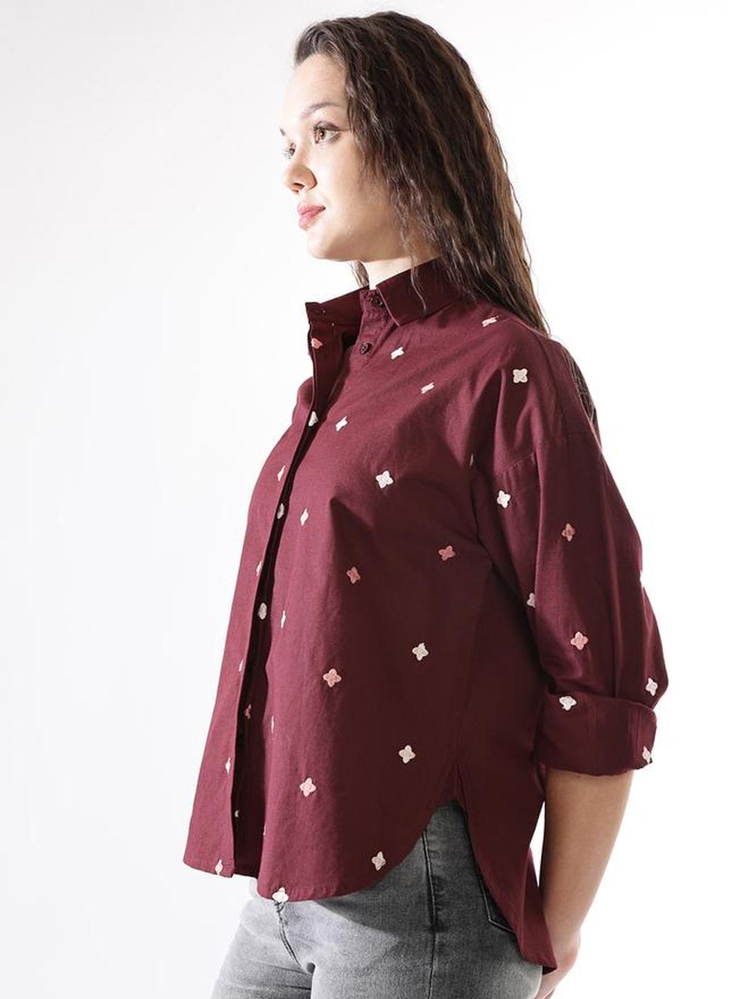 Wine Poplin Embroidered Oversized Shirt
