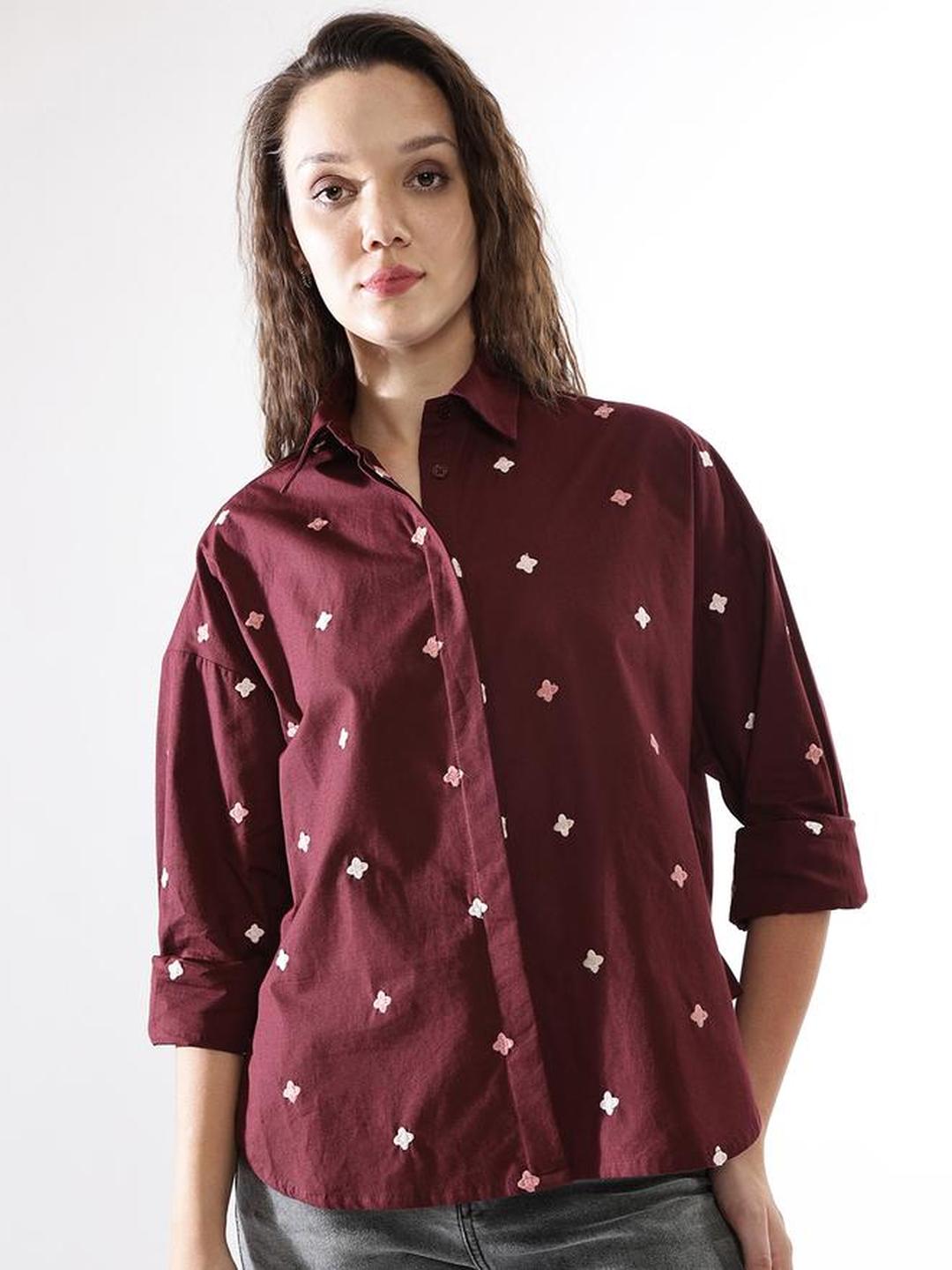 Wine Poplin Embroidered Oversized Shirt