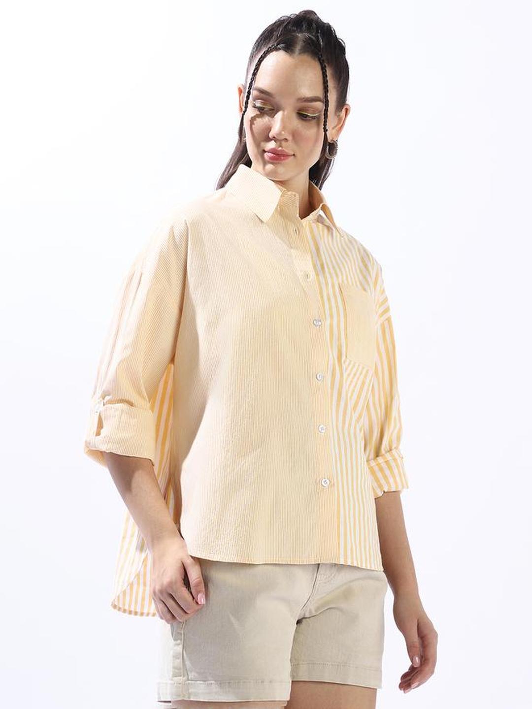 Yellow 100% Cotton Striped Oversized Shirt