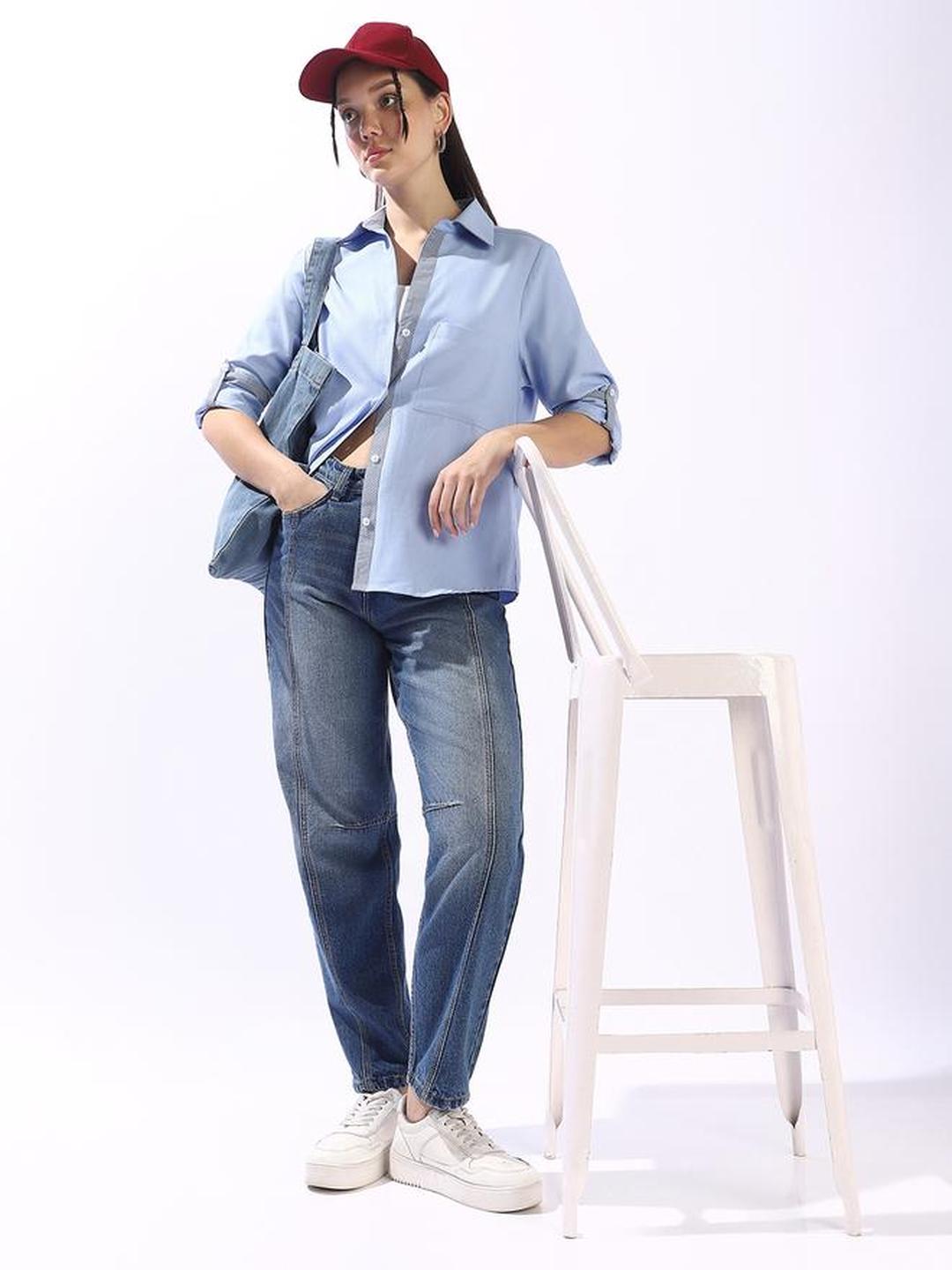 Blue 100% Cotton Button Down Oversized Shirt