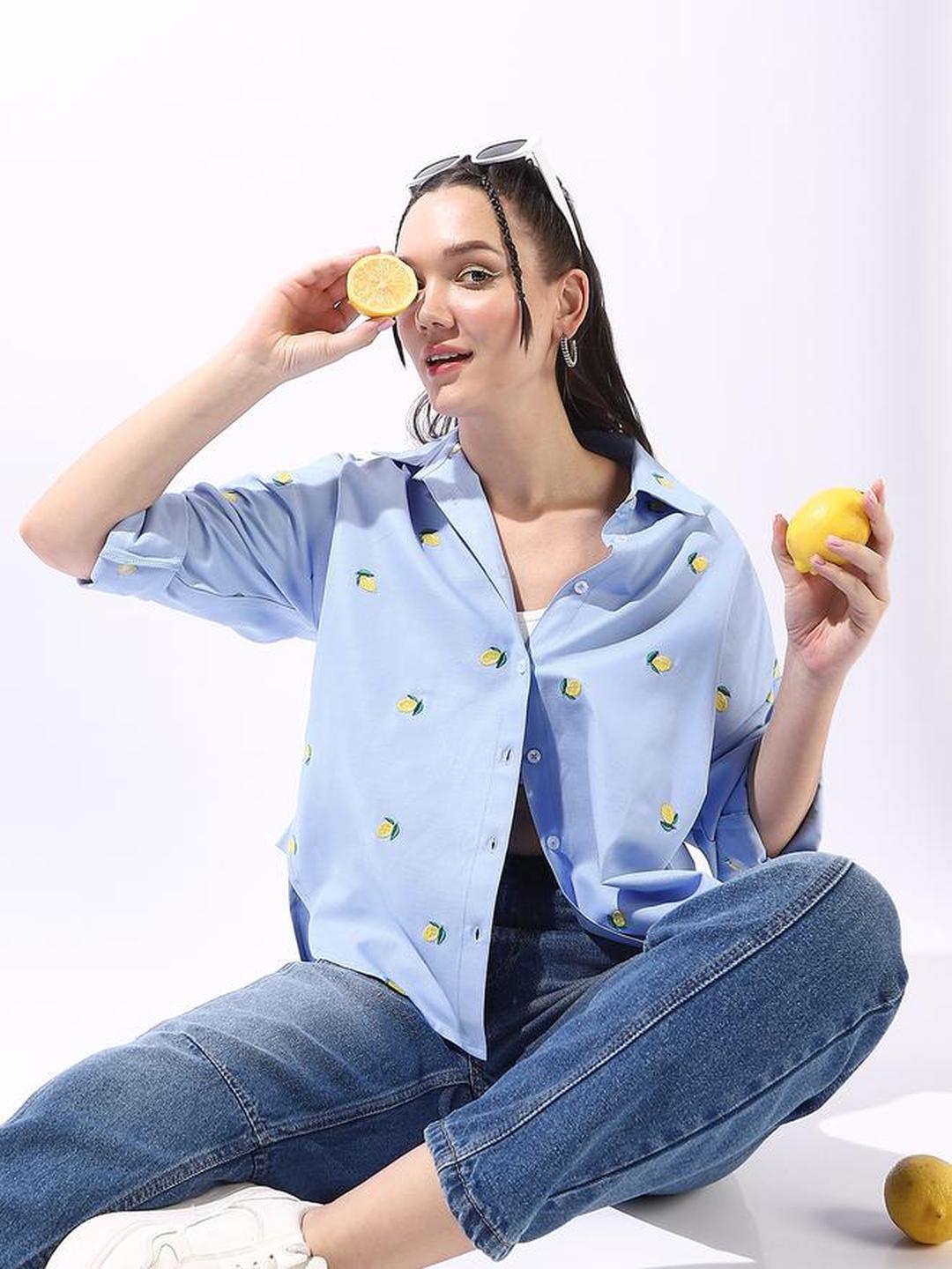 Blue 100% Cotton Embroidered Oversized Shirt