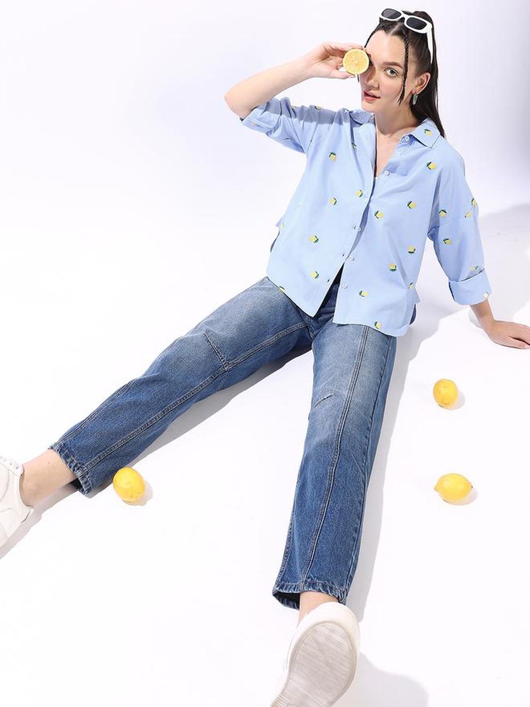 Blue 100% Cotton Embroidered Oversized Shirt