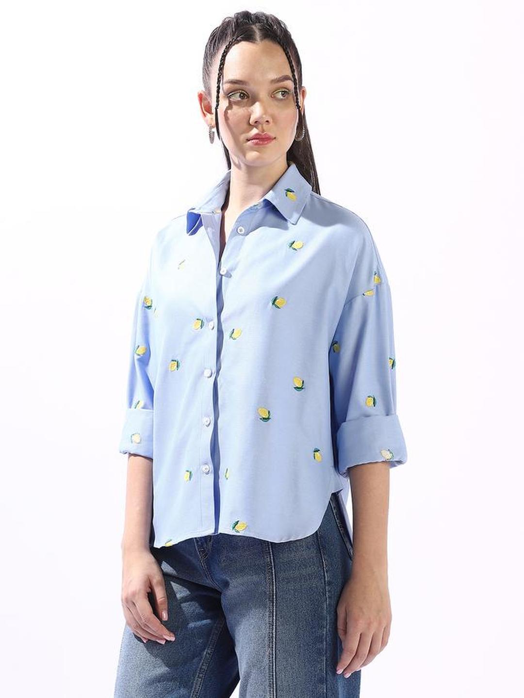 Blue 100% Cotton Embroidered Oversized Shirt