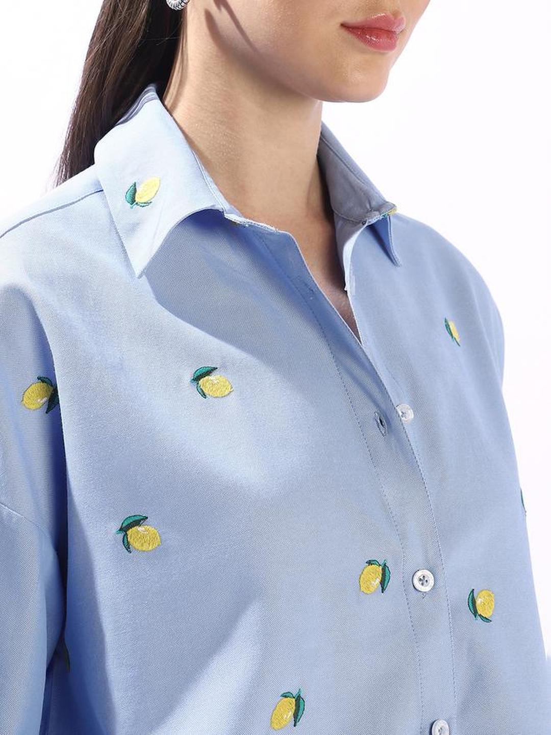 Blue 100% Cotton Embroidered Oversized Shirt