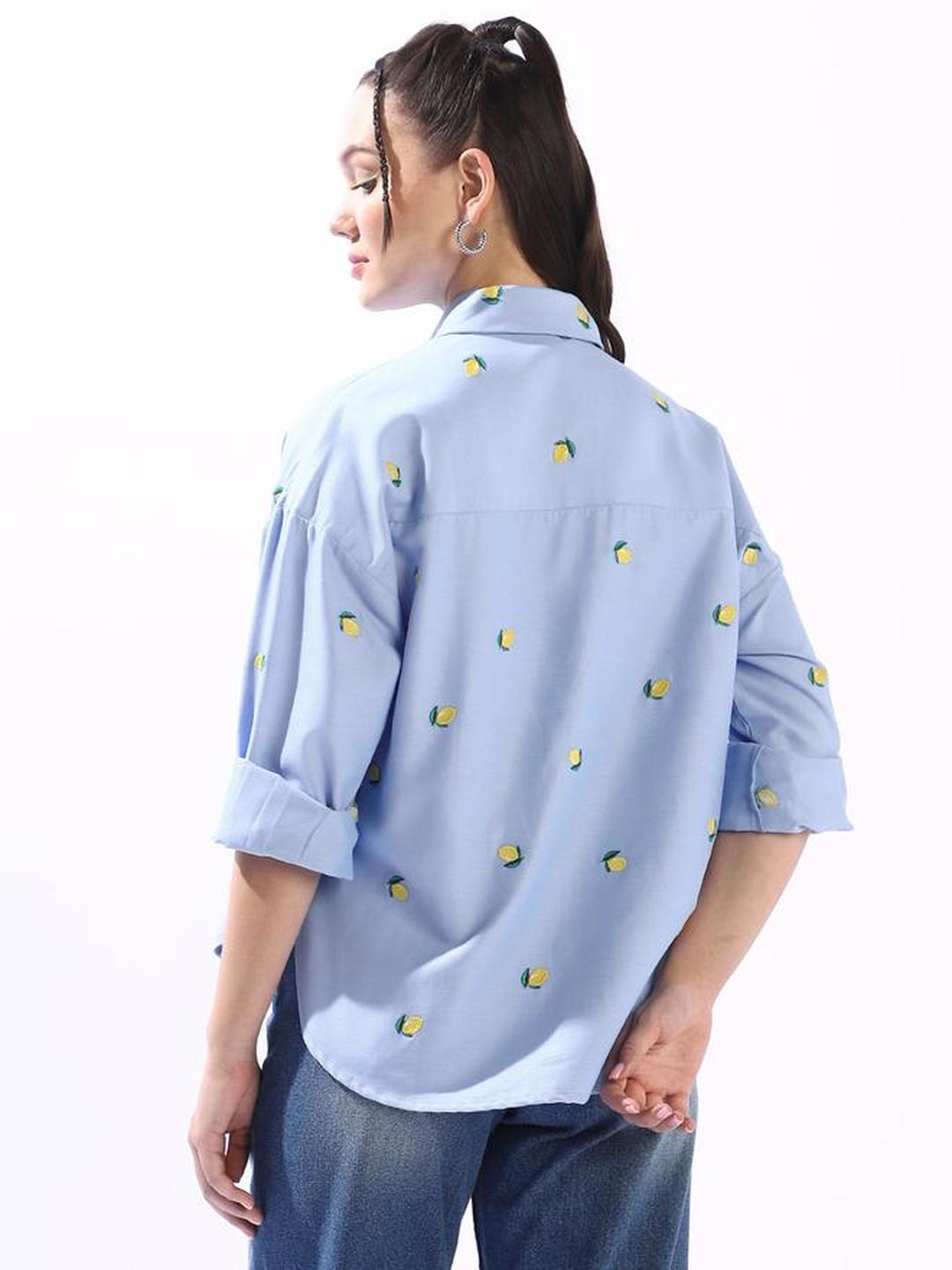 Blue 100% Cotton Embroidered Oversized Shirt