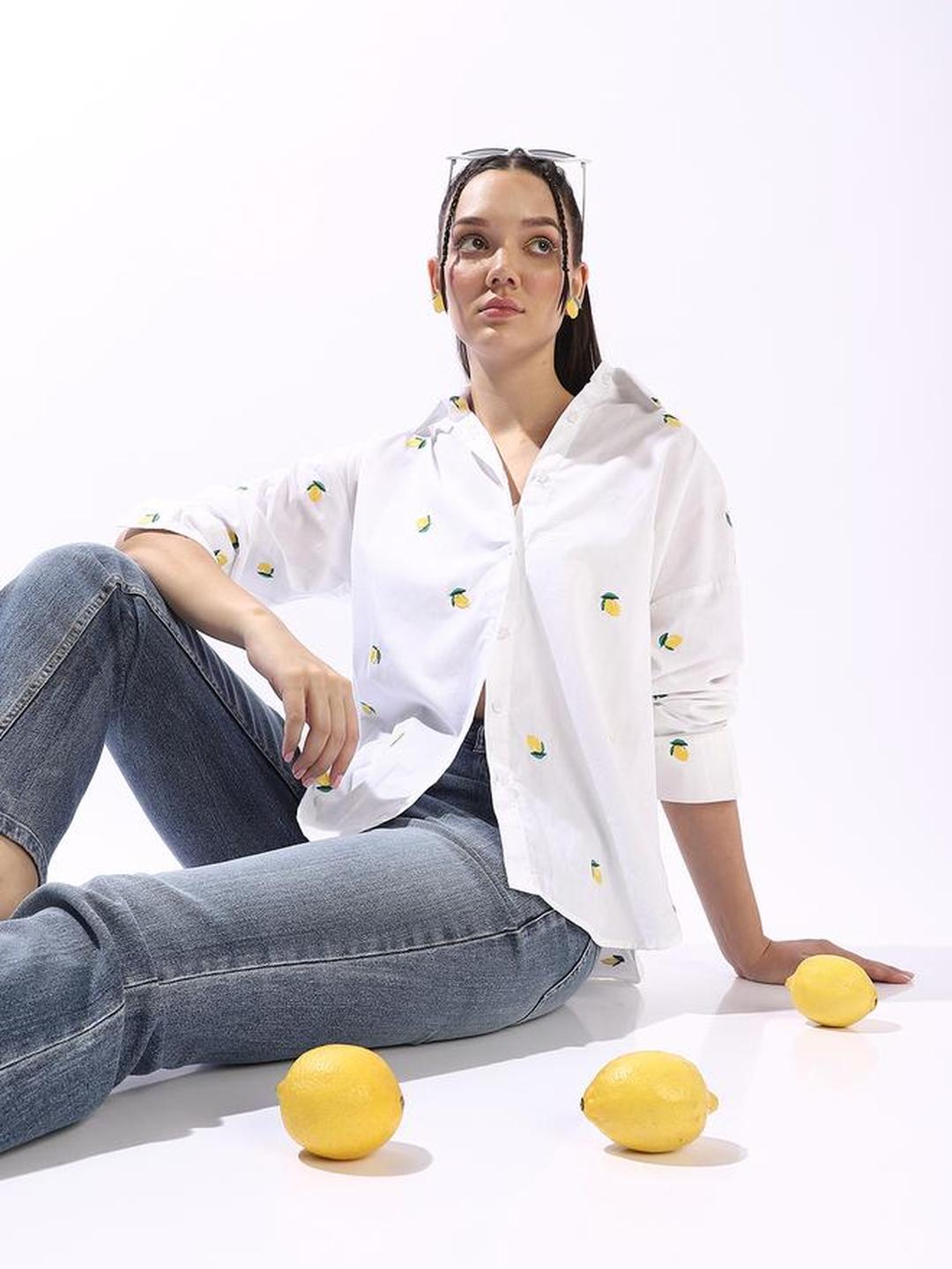 Off White 100% Cotton Embroidered Button Down Oversized Shirt