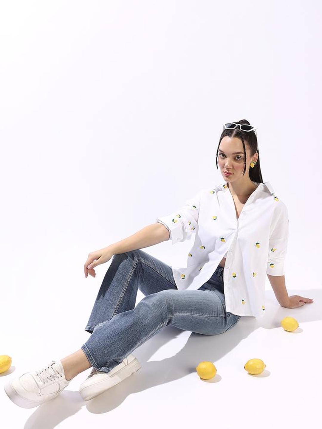 Off White 100% Cotton Embroidered Button Down Oversized Shirt