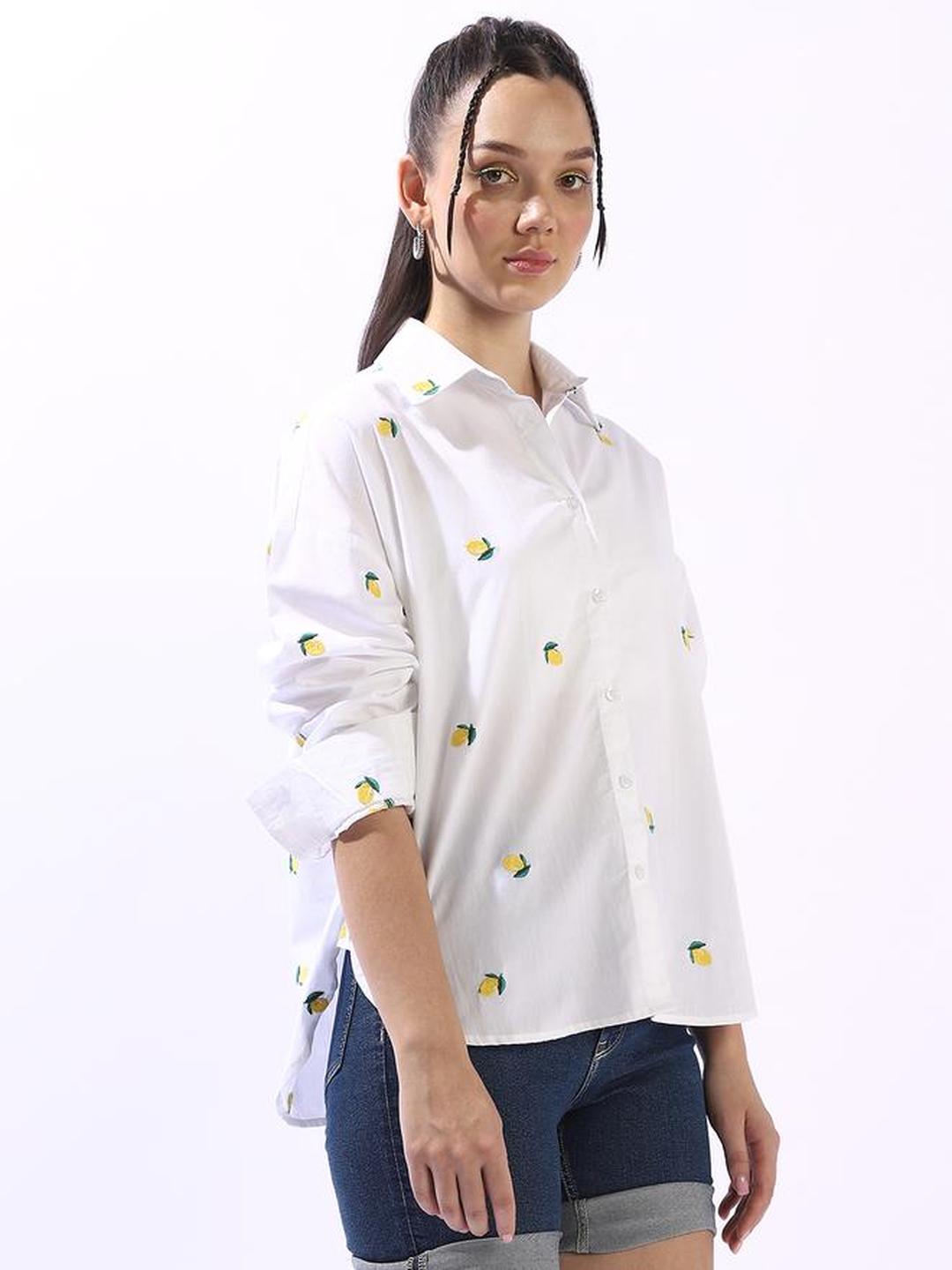 Off White 100% Cotton Embroidered Button Down Oversized Shirt
