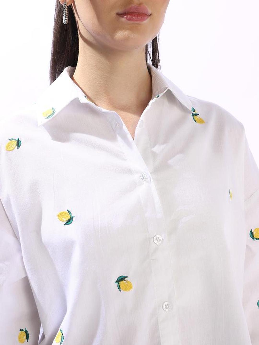 Off White 100% Cotton Embroidered Button Down Oversized Shirt