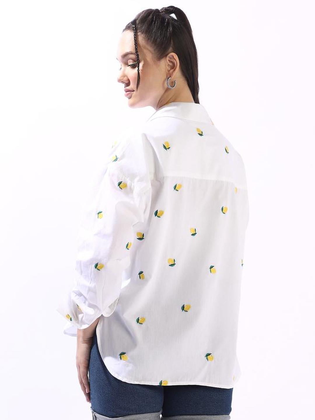 Off White 100% Cotton Embroidered Button Down Oversized Shirt