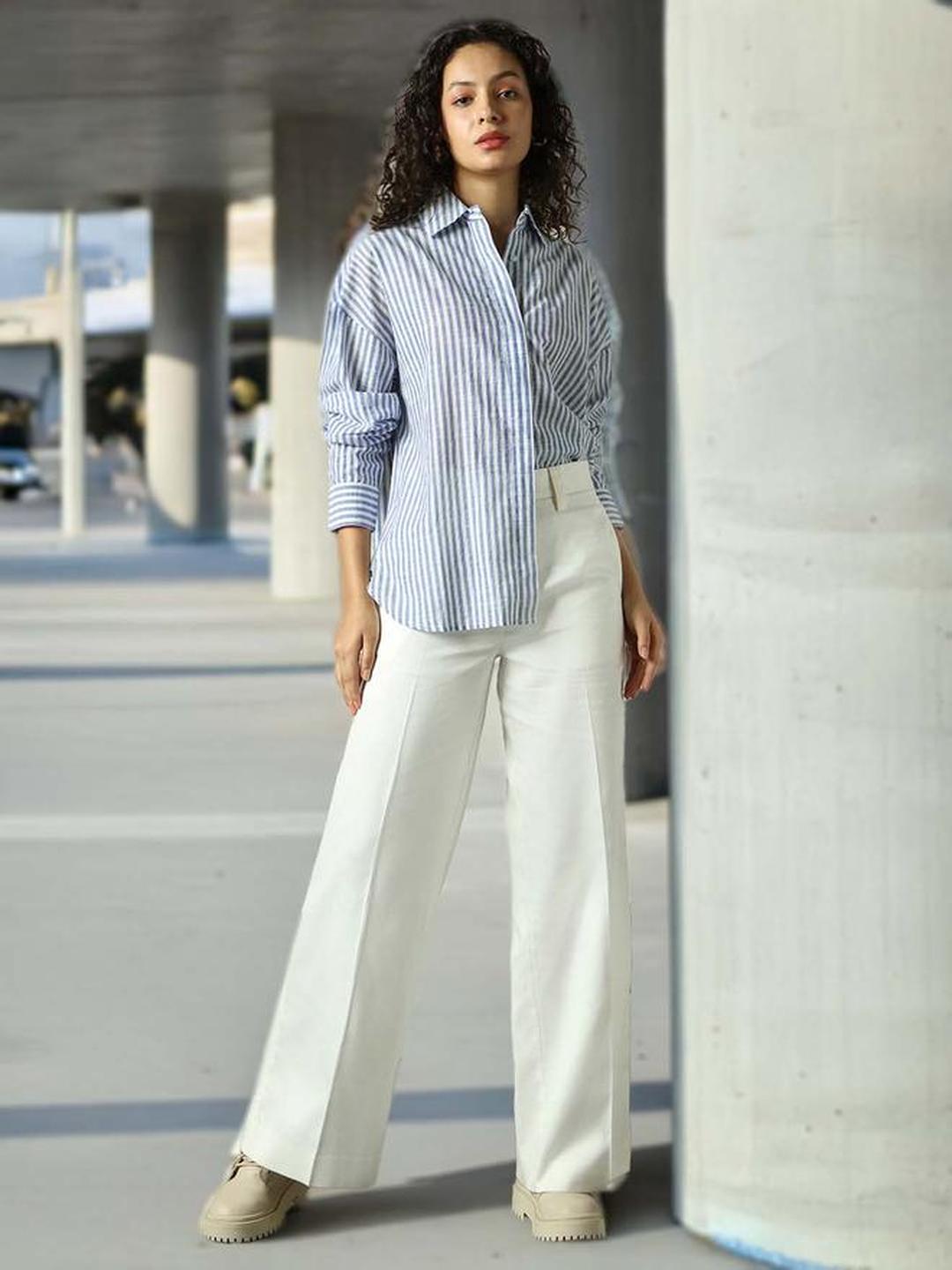Navy Blue 100% Cotton Striped Oversized Shirt