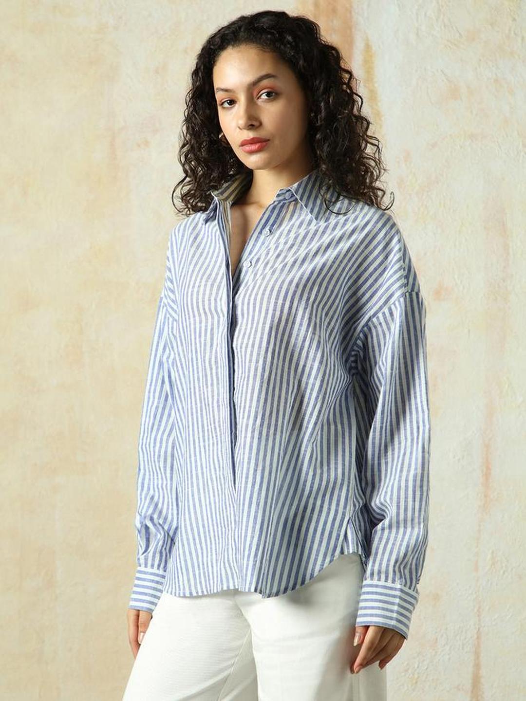 Navy Blue 100% Cotton Striped Oversized Shirt