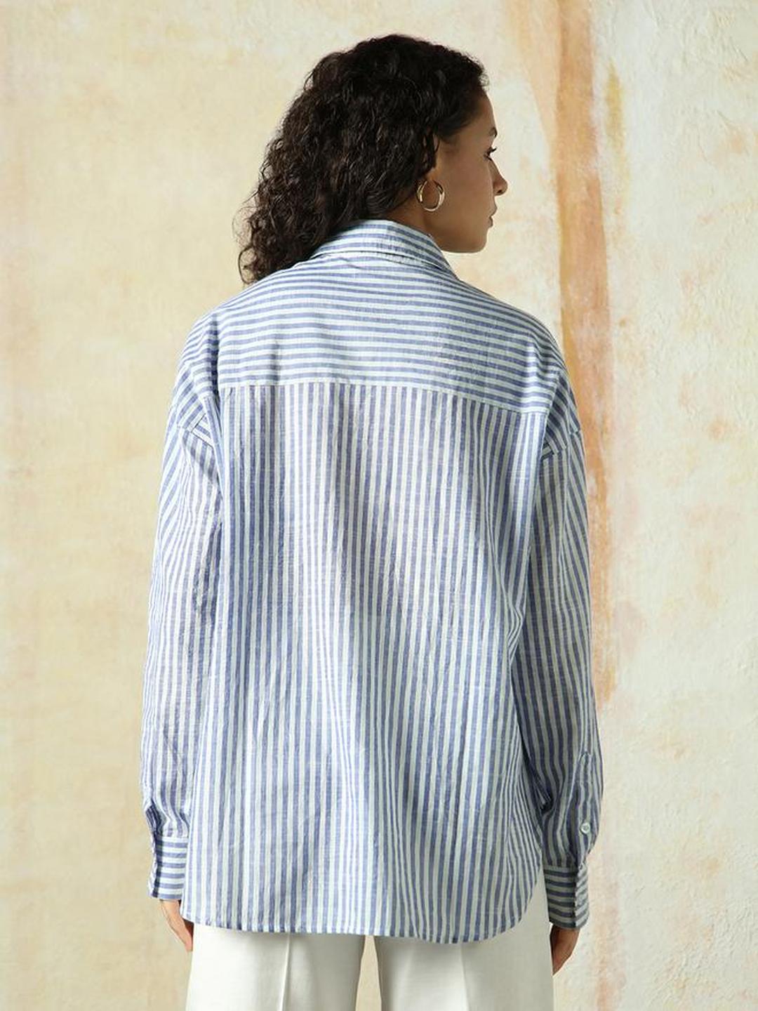 Navy Blue 100% Cotton Striped Oversized Shirt