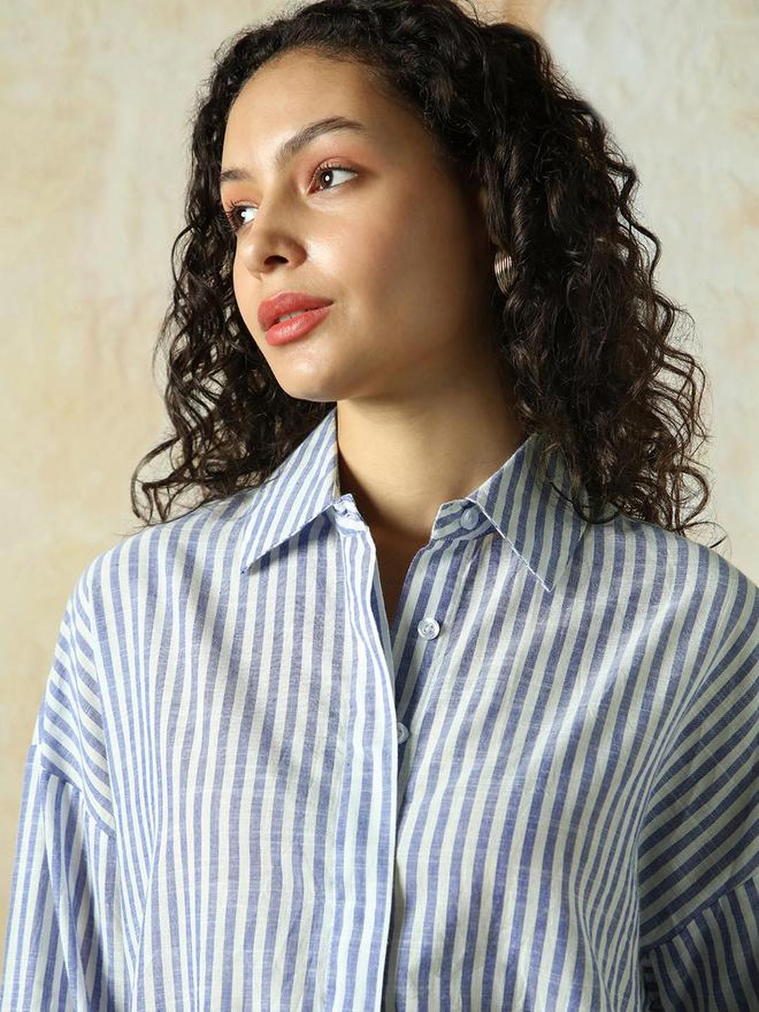 Navy Blue 100% Cotton Striped Oversized Shirt