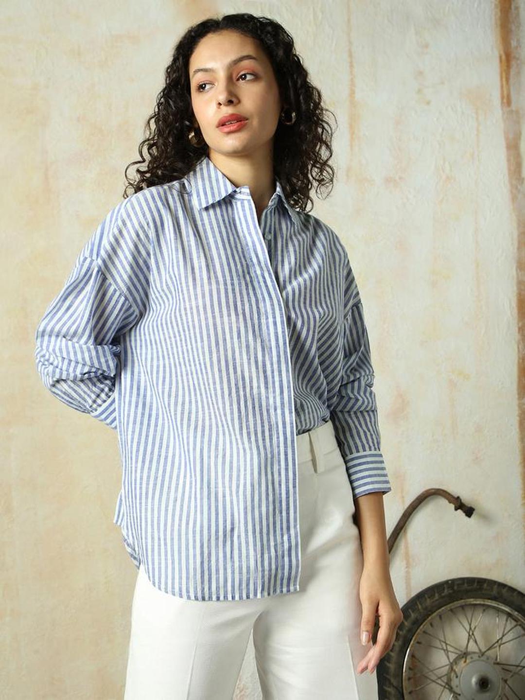 Navy Blue 100% Cotton Striped Oversized Shirt
