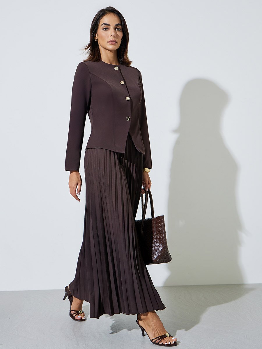 Brown Pleated Flared Maxi Skirt