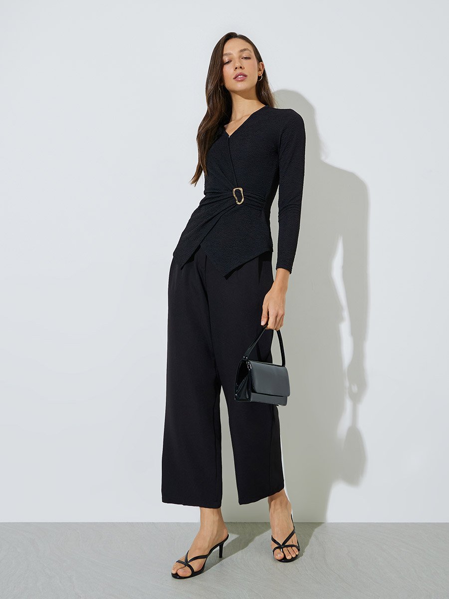 Black Wrap Front Textured Knit Top