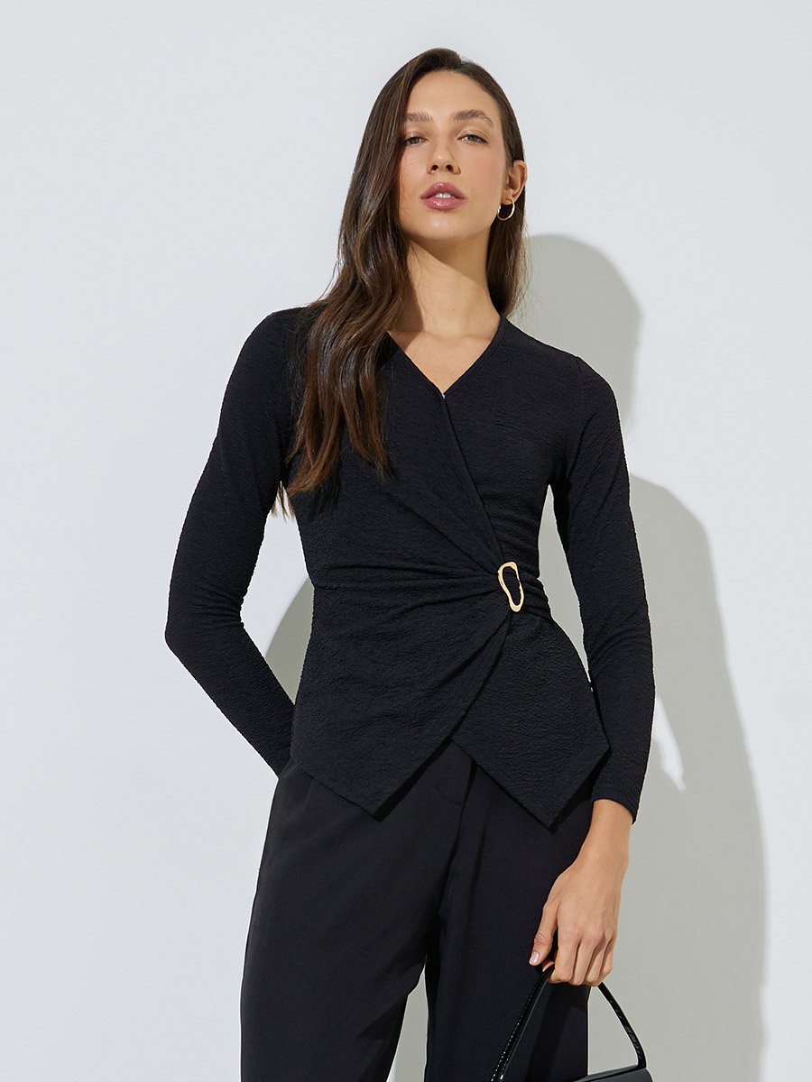 Black Wrap Front Textured Knit Top