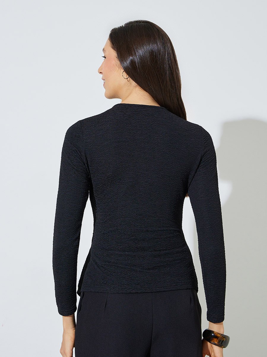Black Wrap Front Textured Knit Top