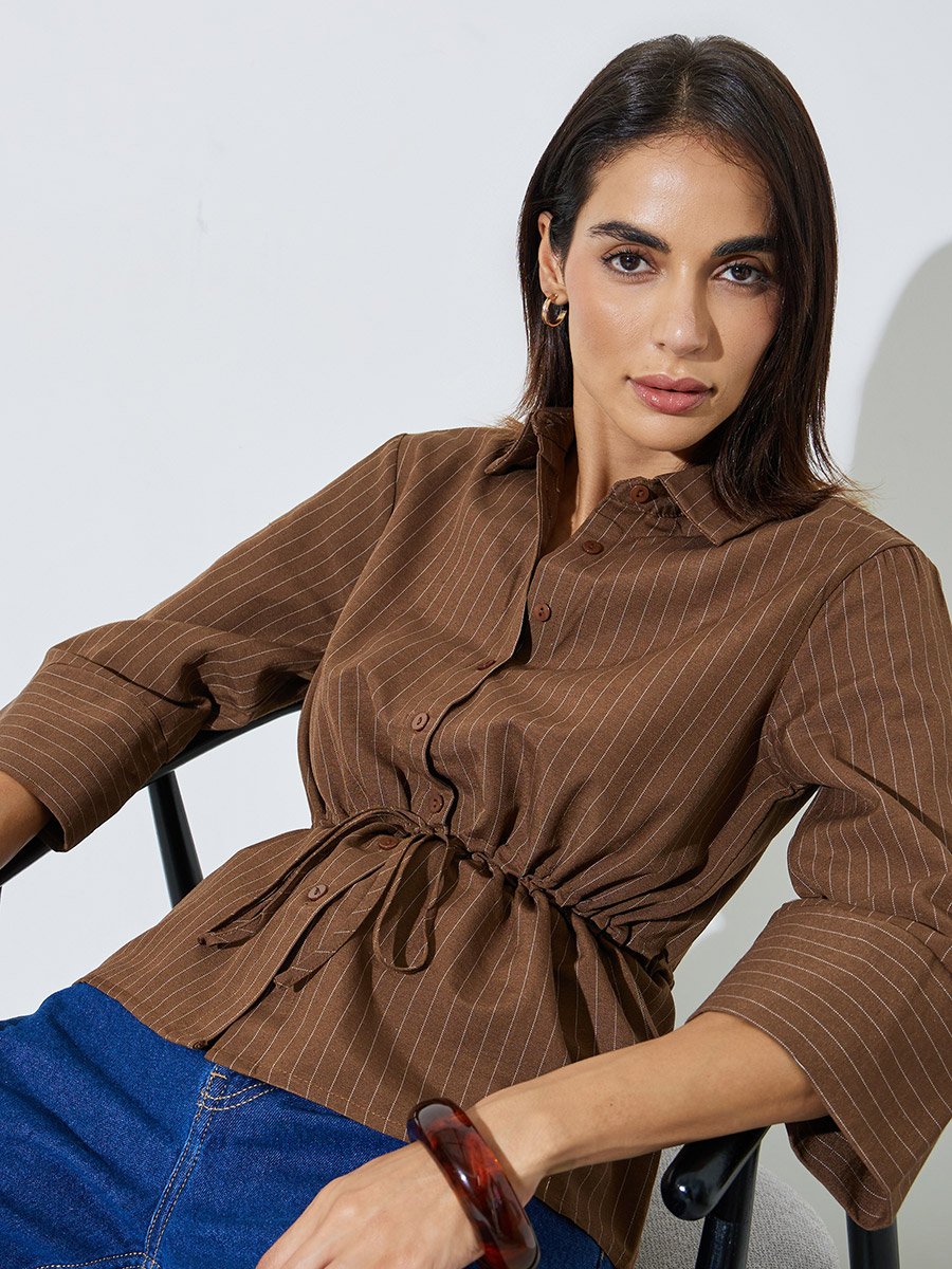 Tan Pinstripe 3/4 Sleeve Shirt with Drawstring Waist
