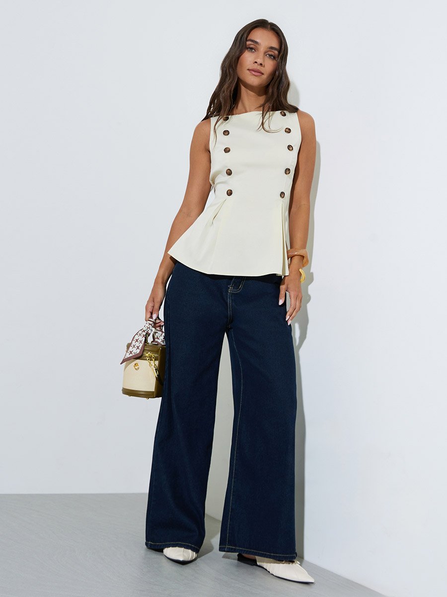Beige Button Details Sleeveless Peplum Blouse